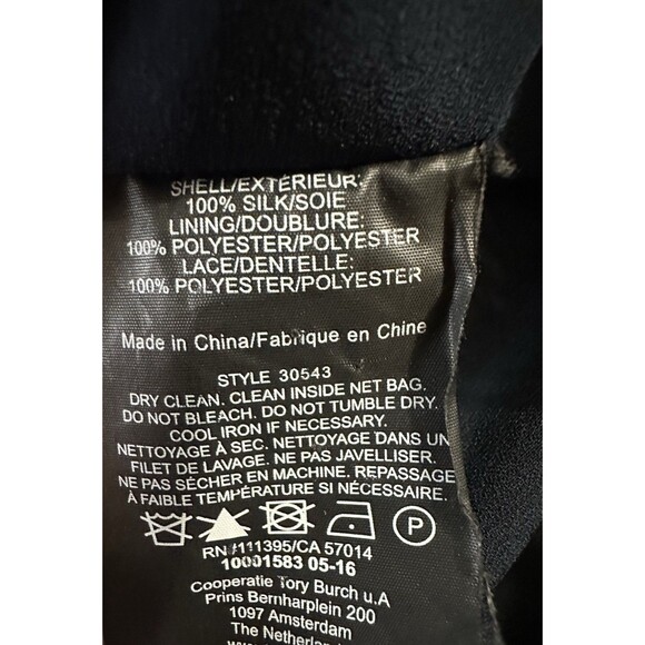 TORY BURCH Germaine Navy Teal Geometric Lace Trim Silk Blouse Top Size 12 - Picture 7 of 7